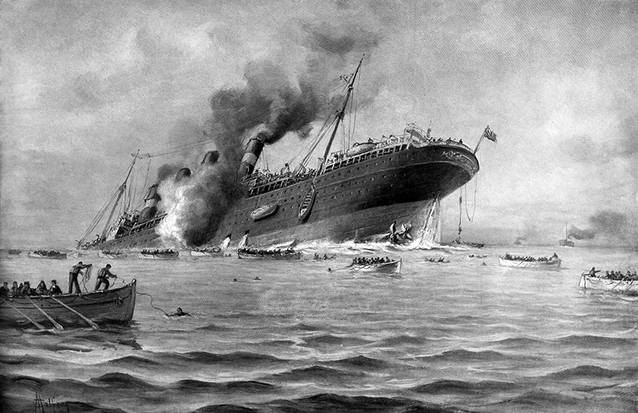 RMS Lusitania torpedoed by a German submarine on May 7, 1915, picture with sinking ships and lifeboats with sailors all around.