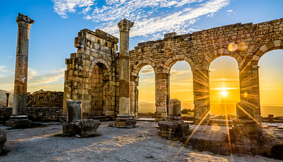 Roman ruins, Volubilis is a partly excavated Berber city in Morocco situated near the city of Meknes, and commonly considered as the ancient capital of the kingdom of Mauretania.